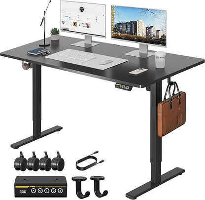 Large Electric Standing Desk,55x28 Inches Adjustable Height Stand up Desk, Sit Stand Home Office Desk, 3 Preset Heights,Equipped with Hooks,Ergonomic Computer Desk Workstation，Black
