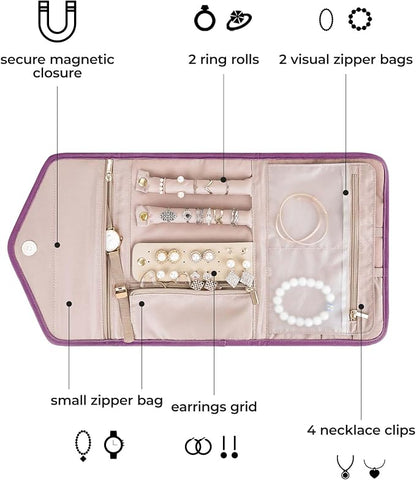 BAGSMART Travel Jewelry Organizer Roll Foldable Jewelry Case for Journey-Rings, Necklaces, Bracelets, Earrings,Purple