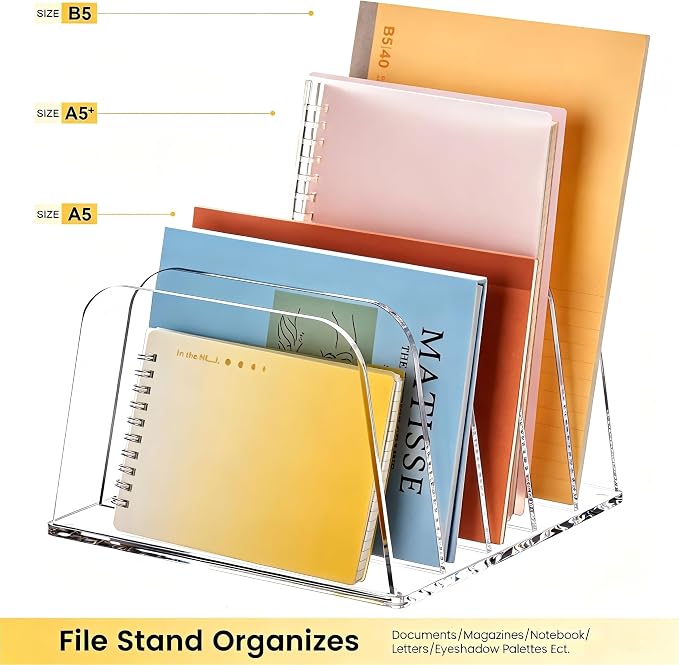 HeZone Desk File Organizer,5-Section Vertical Clear File Organizer File Holder Folder Holder Mail Sorter Acrylic Stand Rack,Office Organization for Home, Office & Classroom(1 Pack)