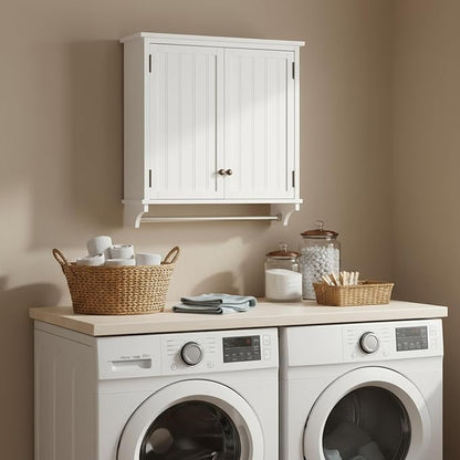 Dover 27” x 29” Wall Mounted Bathroom Storage Cabinet with Shaker Beadboard Doors, Two Adjustable Shelves and a Towel Bar – White Wall Cabinet for Bathroom, Laundry, or Entryway by Alaterre Furniture