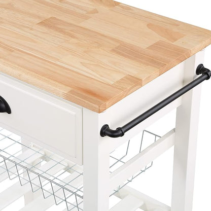 OSP Home Furnishings Hampton Kitchen Cart with Wood Top, Utensil Drawer, Under Cabinet Basket, and 2 Slatted Shelves, White Base