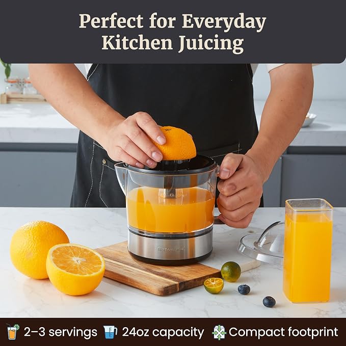 Elite Gourmet ETS623 BPA-Free 40-Watt Electric Citrus Juicer, Compact, Large Volume, Pulp Control, Oranges, Lemons, Limes, Grapefruits with Easy Pour Spout, 24oz, Black/Stainless Steel
