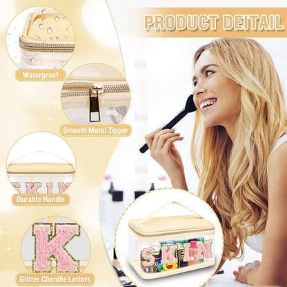 Chenille Letter Clear Makeup Bags Skin Pouch, Preppy Patch Makeup Bag Zipper with Handle, Transparent PVC & Nylon Waterproof Glitter Cosmetic Handbag Travel Toiletry Storage for Women Girl(SKIN-Beige)