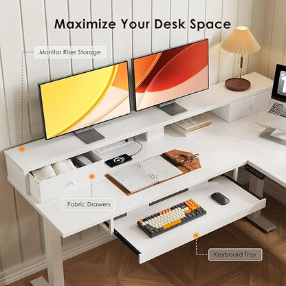 OffiGo 59 Inch L Shaped Electric Standing Desk with Drawers, Height Adjustable Corner Computer Desk with Keyboard Tray & Monitor Stand, Stand Up Table for Home Office Workstation, White
