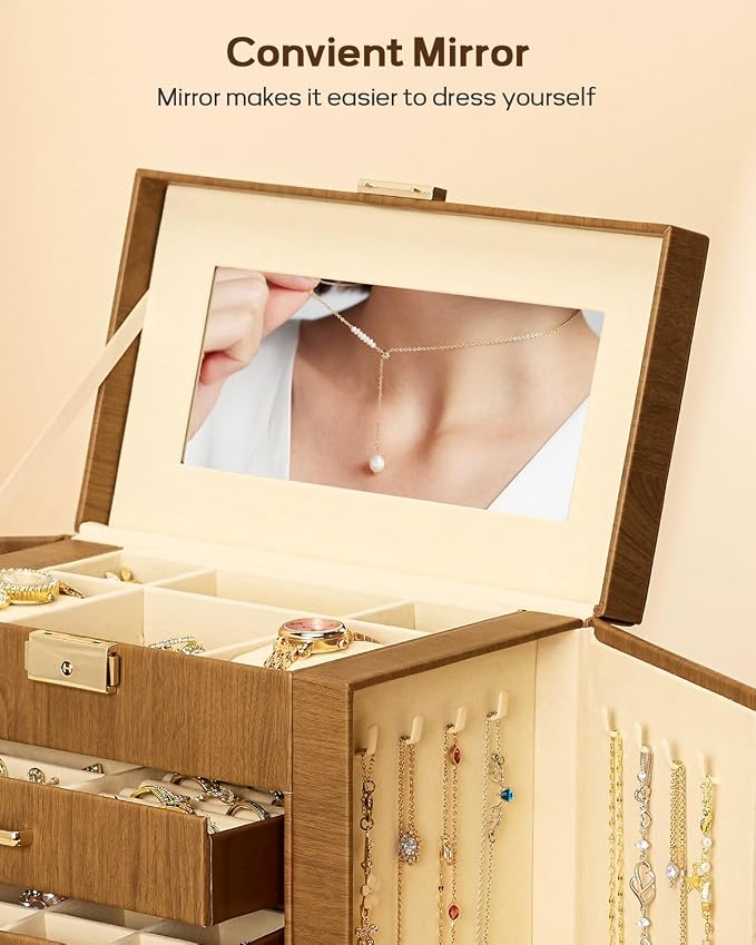 Homde Mothers Day Gifts Synthetic Leather Huge Jewelry Box Mirrored Watch Organizer Necklace Ring Earring Storage Lockable Gift Case (Brown + Gold)