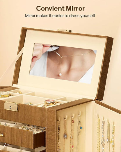 Homde Mothers Day Gifts Synthetic Leather Huge Jewelry Box Mirrored Watch Organizer Necklace Ring Earring Storage Lockable Gift Case (Brown + Gold)