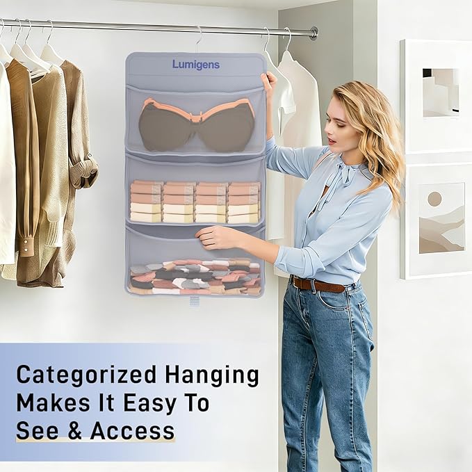 Lumigens Hanging Sock & Underwear Organizer, Hanging Closet Organizer with Pockets, Bra Hanger for Closet Organizer with 360° Rotating Hook, Space Saving Hanging Storage for Wall, Bedroom, RV
