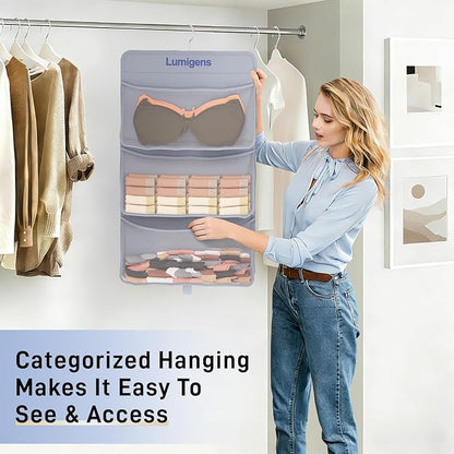 Lumigens Hanging Sock & Underwear Organizer, Hanging Closet Organizer with Pockets, Bra Hanger for Closet Organizer with 360° Rotating Hook, Space Saving Hanging Storage for Wall, Bedroom, RV
