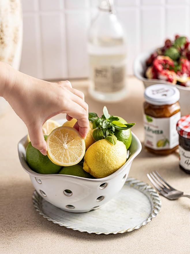Gomakren Fruit Basket Set of 2, Ceramic Fruit Bowl Berry Basket with Holes, 7.6 Inch Fruit Containers Colander for Fridge - Farmhouse Kitchen Decor, White