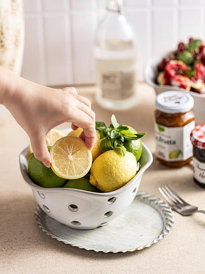 Gomakren Fruit Basket Set of 2, Ceramic Fruit Bowl Berry Basket with Holes, 7.6 Inch Fruit Containers Colander for Fridge - Farmhouse Kitchen Decor, White