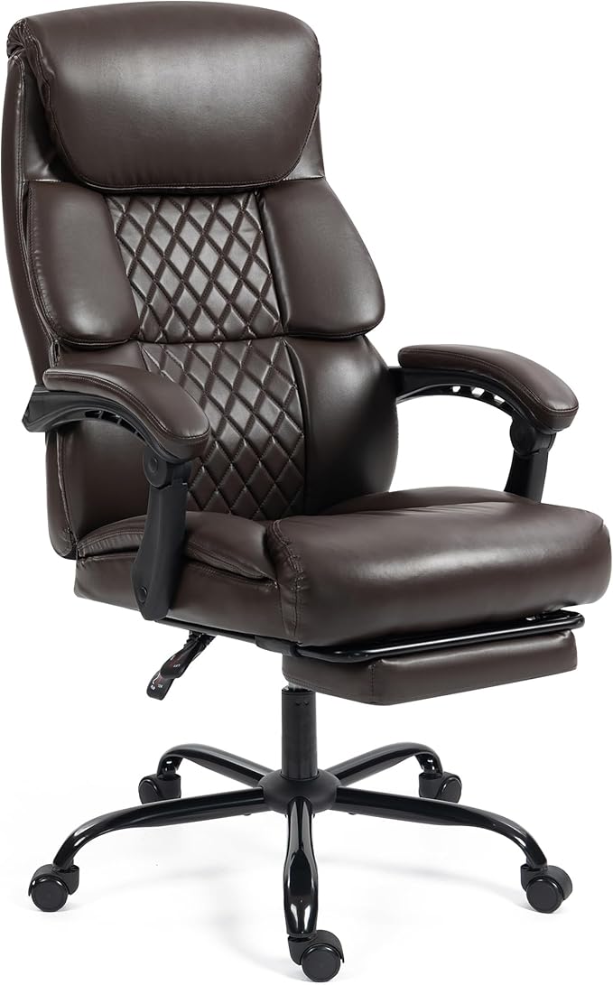 Office Chair, Executive High Back Leather Home Office Desk Chair with Footrest & Lumbar Support - Ergonomic Reclining Comfortable Wide Swivel Rolling Gaming Computer Chair 90-135° Adjustable Tilt Lock