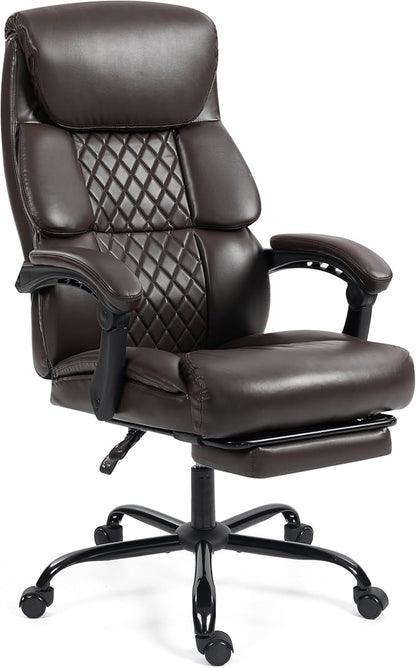 Office Chair, Executive High Back Leather Home Office Desk Chair with Footrest & Lumbar Support - Ergonomic Reclining Comfortable Wide Swivel Rolling Gaming Computer Chair 90-135° Adjustable Tilt Lock