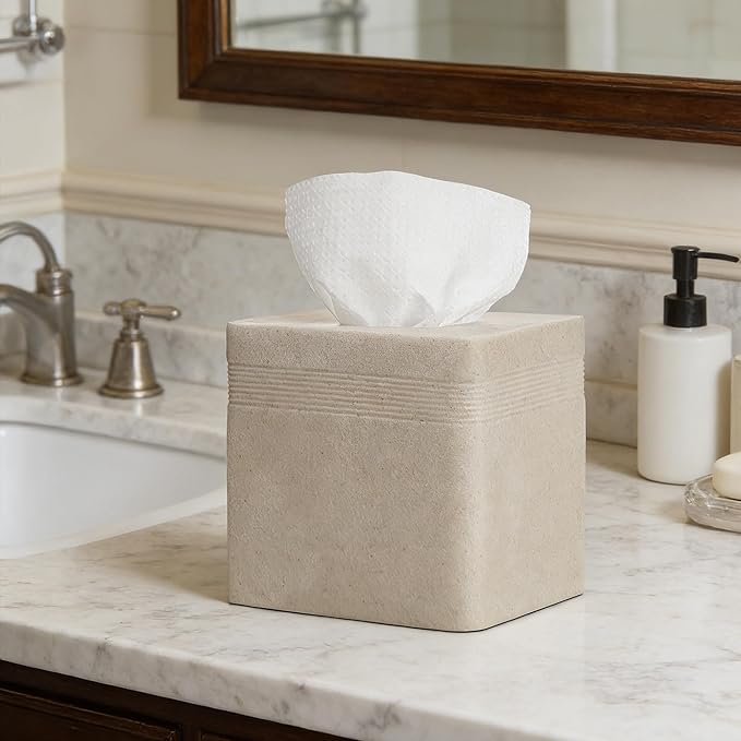 Beige Sandstone Tissue Box Cover Square for Home Decor,Resin Heavy Tissue Box Holder for Bathroom Countertop,Tabletop,Bedside Table,Office (Handmade of Resin)