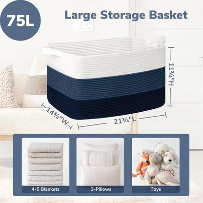 Goodpick Storaget Basket, 21.6" x 14.9" x 11.8", Toy Storage Baskets for Bedroom, Large Baskets for Organizing, Rectangle Woven Rope Basket for Blanket Storage, Blue