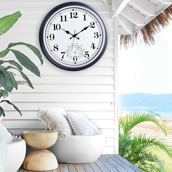 16 Inch Large Outdoor Clock, Retro Waterproof Indoor/Outdoor Clock Non-Ticking Clock with Thermometer, Battery Operated Wall Clock for Patio, Garden, Pool - Black
