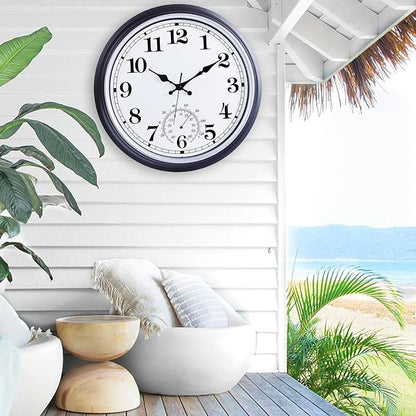 16 Inch Large Outdoor Clock, Retro Waterproof Indoor/Outdoor Clock Non-Ticking Clock with Thermometer, Battery Operated Wall Clock for Patio, Garden, Pool - Black