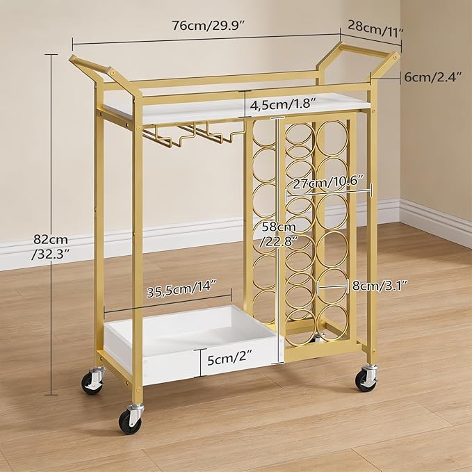 Bar Cart for Home, Gold Bar Cart with Wine Rack, Drink Cart with Wheels, Rolling Wine Cart with Glass Holder, Serving Cart for Kitchen, Gold and White RCJW18101