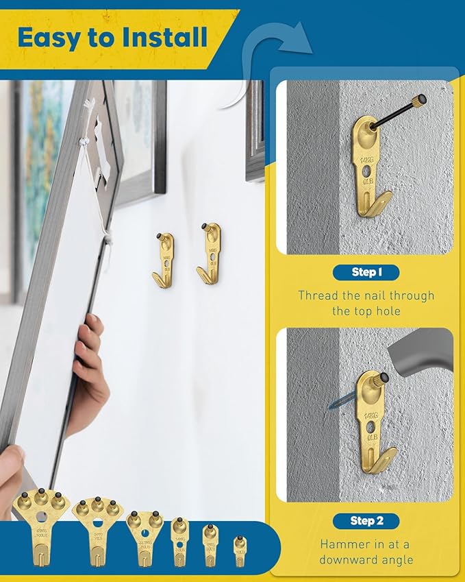 Uniclife 152 Pcs Picture Hanging Kit, 10 lb, 20 lb, 30 lb, 50 lb, 75 lb, 100 lb Heavy Duty Picture Hangers for Drywall & Wood, Picture Hanging Hooks, Frame Hooks for Hanging Photos Mirrors Paintings