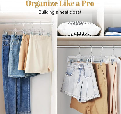 HOUSE DAY 50 Pack Skirt Hangers Pant Hangers with Clips, Clear Plastic Hangers for Pants, Skirts, Shorts, Versatile Use Clip Hanger, Retail Hanger