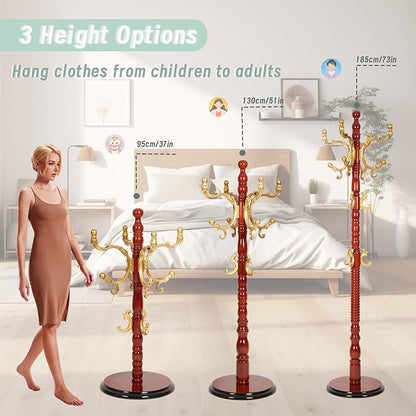 Coat Rack Freestanding,Solid Wooden Coat Rack Stand with 3 Height Options,14 Hooks, Natural Birch Coat Tree Easy to assemble for Clothes Jacket Hat bag Entryway (mahogany) (begonia)