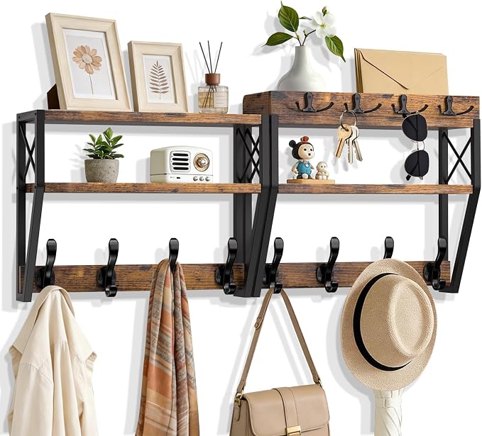 Upgraded 3-Tier Large Coat Rack Wall Mount with Shelf, 4 in 1 Versatile Coat and Key Hanger Wall Mount, 32-inch Entryway Wall Shelf with 12 Hooks and Mail Holder for Living Room Bedroom Bathroom