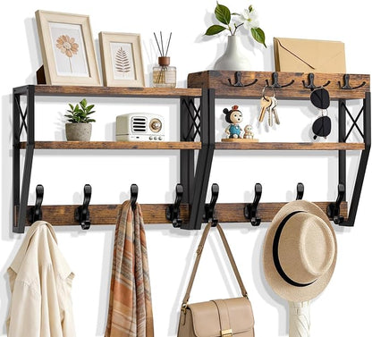 Upgraded 3-Tier Large Coat Rack Wall Mount with Shelf, 4 in 1 Versatile Coat and Key Hanger Wall Mount, 32-inch Entryway Wall Shelf with 12 Hooks and Mail Holder for Living Room Bedroom Bathroom