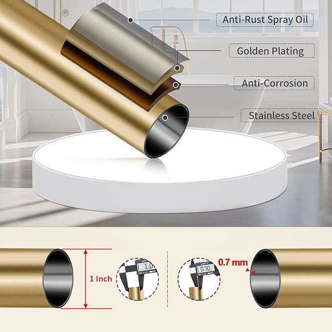 YNL Tension Shower Curtain Rod 34-66 Inch, Adjustable Spring Tension Curtain Rod No Drilling, Non-Slip, Never Rust, Stainless Steel, for Small Window Laundry Door Entryway, Gold