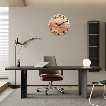 XNM Round Wood Wall Clock for Kitchen 12 Inch Farmhouse Small Wall Clocks Battery Operated Brown Wall Clock Silent (MDF No Solid Wood)