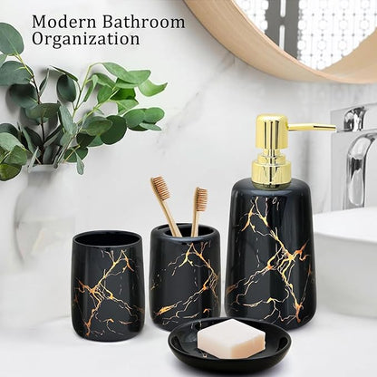 CERBIOR Bathroom Accessories Set,4 Pcs Ceramic Bathroom Decor Accessory,Includes Toothbrush Holder, Toothbrush Cup, Soap Dish for Decorative Countertop and Housewarming Gift(Black 4pcs)