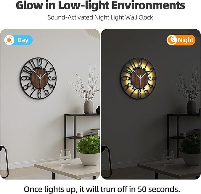 20'' Silent Wall Clock with Night Light, Glow in The Dark Decorative Wall Clock Battery Operated, Rustic Modern Metal & Wood Clocks for Bedroom Living Room Decor, Arabic Numerals