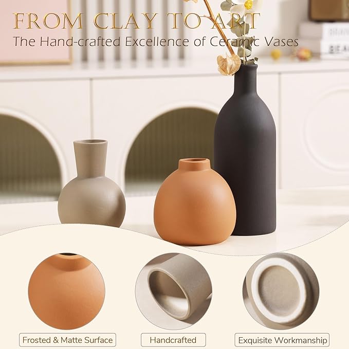 Ceramic Vase Set of 3 - Handcrafted Ceramic Vases for Home Decor & Shelf - Modern Farmhouse Decor for Kitchen, Office, Bedroom & Living Room Decorative Objects for Mantel, Table Centerpieces