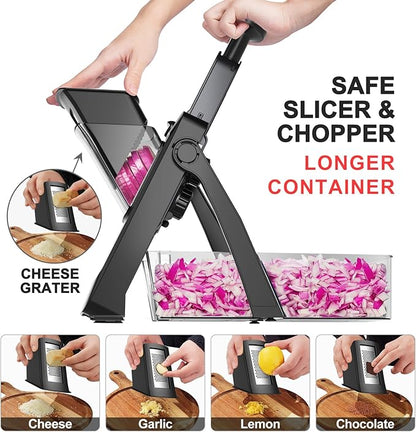 SupMaKin 2026 Upgrade Safe Mandoline Slicer,Multi Vegetable Chopper,Potato Slicer, Onion Chopper with Drain Basket Storage Container, Cheese Grater Kitchen Chopping Artifact (Black)