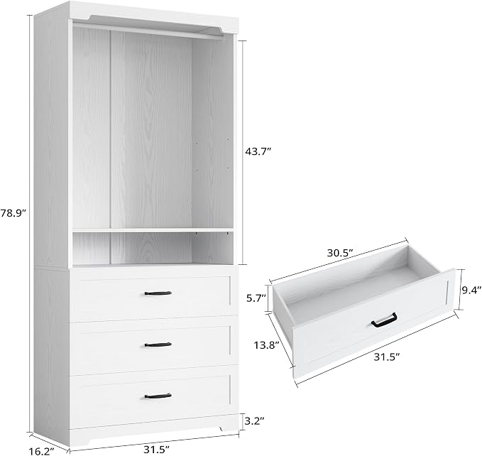 IRONCK Freestanding Closet System with 3 Wood Drawers, Modern Armoire Wardrobe with Adjustable Shelves & Hanging Rod, Walk-in Closet Systems Organizer for Small Closet, 31.5" White