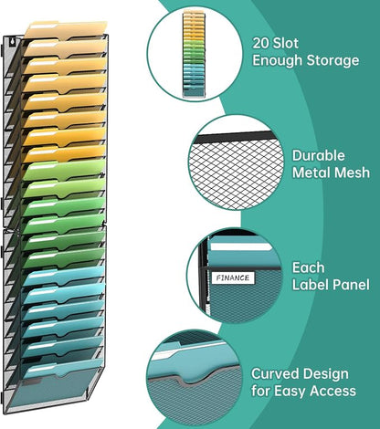 SUPEASY 20 Tier Wall File Organizer, Hanging Wall Mounted Mail Organizer with Label Slots, Metal Mesh File Holder Magazine Rack for Office, Home, School or Classroom, Black
