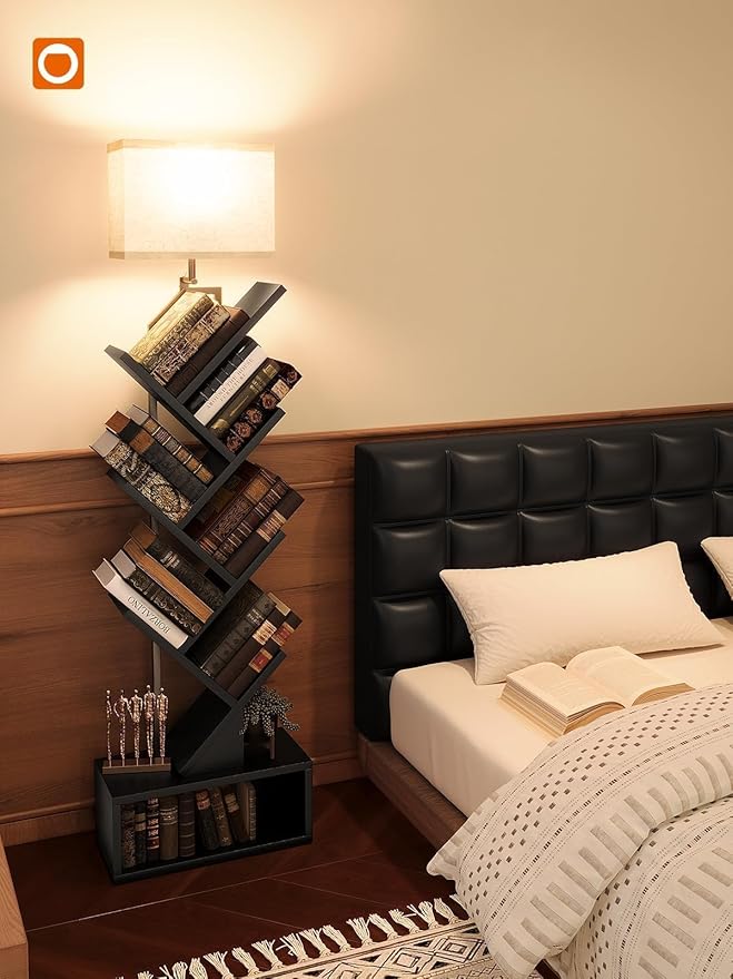 addlon 6-Tier Tree Book Shelf with LED Light, Steel&Wood Bookshelf with Storage Cabinet, Narrow Tall Bookcase with 3CCT Bulb, Small Bookshelf for Bedroom, Home Office&Living Room-Black Oak