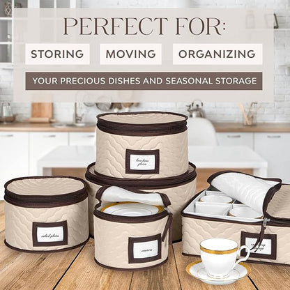 China Storage Containers 5-Piece Set Moving Boxes for Dinnerware, Glasses, Plates, Mugs and Saucers Sturdy Quilted Microfiber Dish Organizer with Dividers for Seasonal Storage - Holds Set of 12