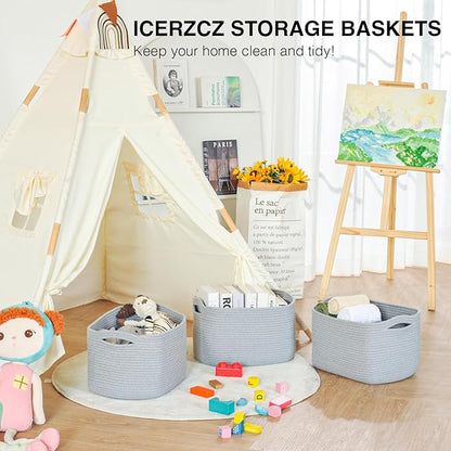 Storage Baskets for Organizing Shelves, Woven Cotton Rope Bins for Baby Nursery Organization, Book Toy Towel Organizer, 15"x11"x9.5", 3 Packs, Grey