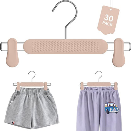 Frosted Embossing Skirt Pants Hangers with Clips for Women 30 Pack, Adjustable Heavy Duty Kids, Toddler, Children, Baby Shorts Hanger, Space Saving Non-Slip with 360° Swivel Hook (Apricot)