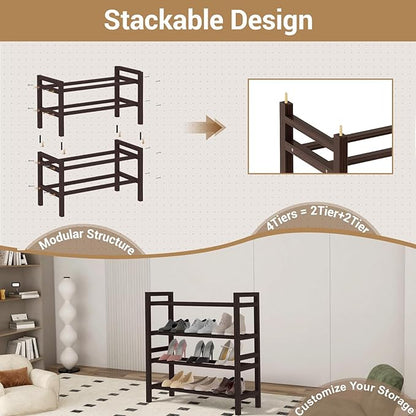Haddockway Bamboo Shoe Rack for Closet, Free Standing Shoe Organizer with Smooth Round Rods & Convenient Handles, Stackable Shoe Storage Shelf for Entryway, Hallway(Brown, 4-Tier(Small))
