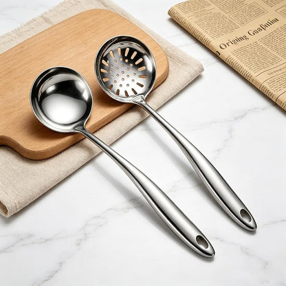 304 Wok Spoon Stainless Steel for 304 Stainless Steel Serving Utensilsr, 2 PCS Long Large Metal Cooking Utensil Tools Set with Slotted Spoon and Soup Ladle