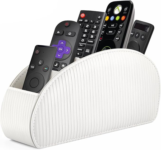SITHON Remote Control Holder with 5 Compartments - PU Leather Remote Caddy Desktop Organizer Store TV, DVD, Blu-Ray, Media Player, Heater Controllers, Stripe Pearl White