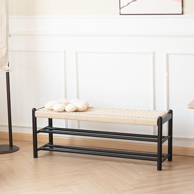 Solid Wood Entryway Bench with Shoe Storage, Rustic Oak Wood and Woven Design 45 Inch Long Seating for Living and Dining Rooms, 3-Tier Black