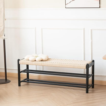 Solid Wood Entryway Bench with Shoe Storage, Rustic Oak Wood and Woven Design 39.4 Inch Long Seating for Living and Dining Rooms, 3-Tier Black