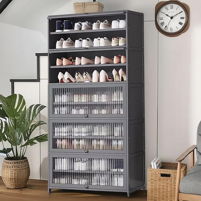 Tall Shoe Cabinet, 10 Tier Bamboo Shoe Rack with Doors, 40-45 Pairs Large Capacity Shoe Storage Cabinet Organizer, Narrow Shoe Shelf for Entryway, Hallway, Living Room