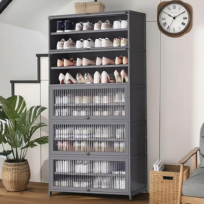 Tall Shoe Cabinet, 10 Tier Bamboo Shoe Rack with Doors, 40-45 Pairs Large Capacity Shoe Storage Cabinet Organizer, Narrow Shoe Shelf for Entryway, Hallway, Living Room