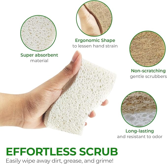 AIRNEX Natural Kitchen Sponges (24 Pack) - Biodegradable Cellulose & Coconut Scrubber Dish Sponges for Kitchen - Eco-Friendly, Non Scratch, Compostable, Non Toxic S-Shaped Natural Sponges for Dishes