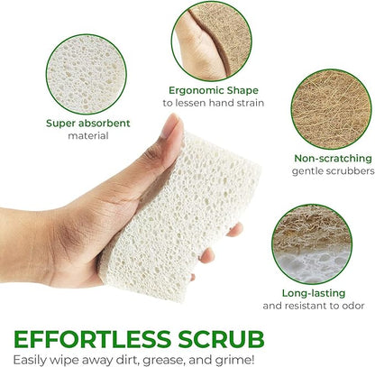 AIRNEX Natural Kitchen Sponges (24 Pack) - Biodegradable Cellulose & Coconut Scrubber Dish Sponges for Kitchen - Eco-Friendly, Non Scratch, Compostable, Non Toxic S-Shaped Natural Sponges for Dishes
