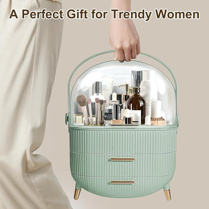 Makeup Organizer for Vanity, Large Capacity Skincare Cosmetic Organizer Countertop with 2 Drawers, Cosmetic Display Cases Makeup Storage Box for Bedroom, Bathroom, Ideal Gifts for Women(Green)
