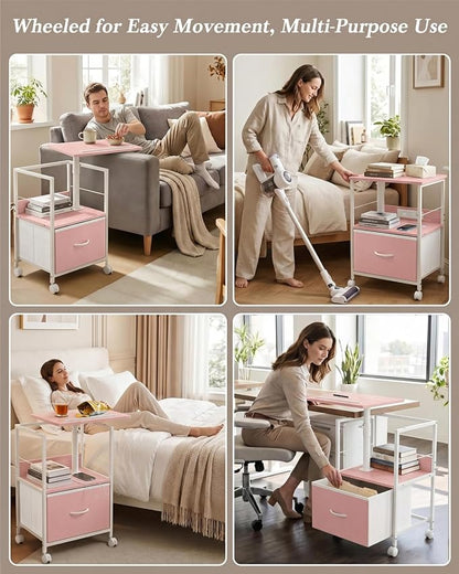 Faesun Swivel Lift Top Nightstand with Charging Station, Rolling Side Table for Recliner, Bedside Table with Wheels & a Fabric Drawer, for Small Spaces, for Bedroom, Living Room, Pink