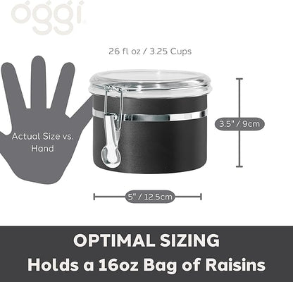 Oggi Stainless Steel Kitchen Canister 26 fl oz, Black - Airtight Clamp Lid, Clear See-Thru Top - Ideal for Kitchen Storage, Food Storage, Pantry Storage. Size 5" x 3.5".